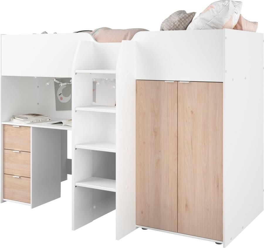 PARISOT Gecombineerde hoogslaper voor kinderen Wit en eiken decor Inclusief bedbodem 90x200 cm TOM - Foto 3