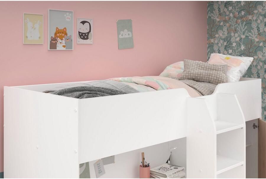 PARISOT Gecombineerde hoogslaper voor kinderen Wit en eiken decor Inclusief bedbodem 90x200 cm TOM - Foto 7