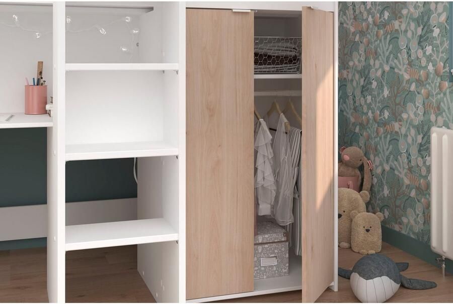 PARISOT Gecombineerde hoogslaper voor kinderen Wit en eiken decor Inclusief bedbodem 90x200 cm TOM - Foto 8