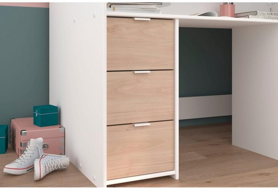 PARISOT Gecombineerde hoogslaper voor kinderen Wit en eiken decor Inclusief bedbodem 90x200 cm TOM - Foto 6