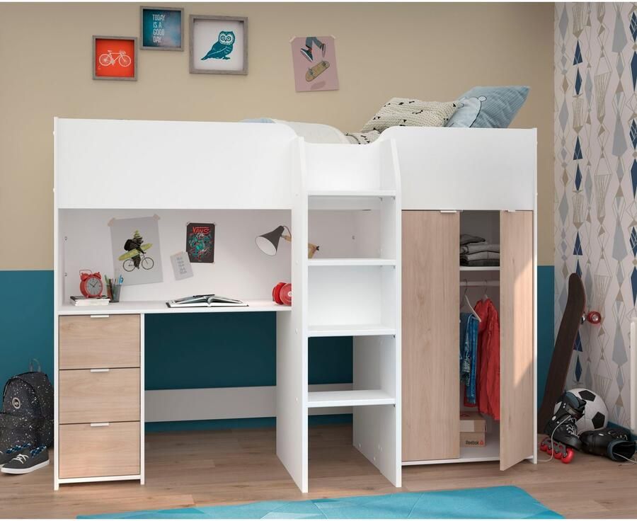 PARISOT Gecombineerde hoogslaper voor kinderen Wit en eiken decor Inclusief bedbodem 90x200 cm TOM - Foto 5