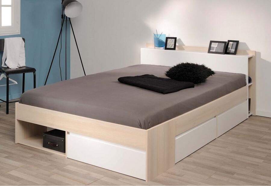 PARISOT MUST Modern bed voor volwassenen met lades Acaciahout en wit decor L 140 x L 190 200 cm