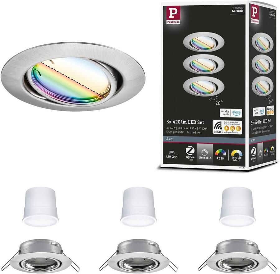 Paulmann Base inbouwspot chrome mat- Set van 3 Zigbee Coin RGBW