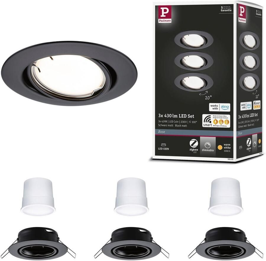 Paulmann Base inbouwspot zwart Set van 3 Zigbee Coin Dimmbar