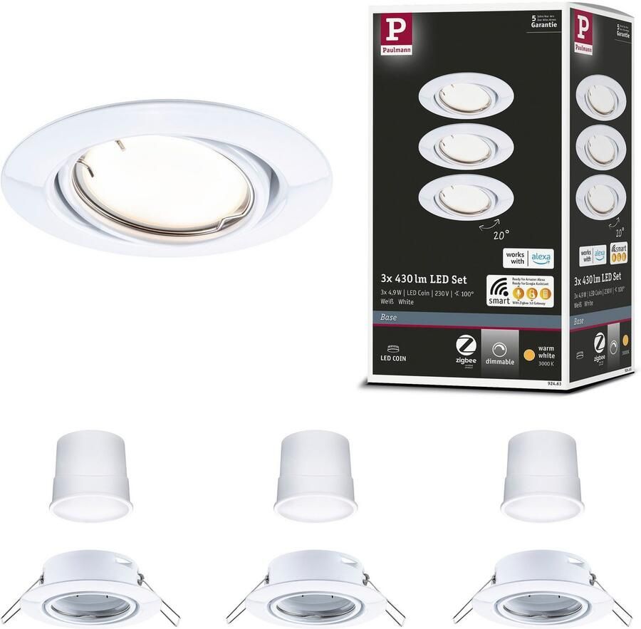 Paulmann Base inbouwspot wit -Set van 3 Zigbee Coin Dimmbar