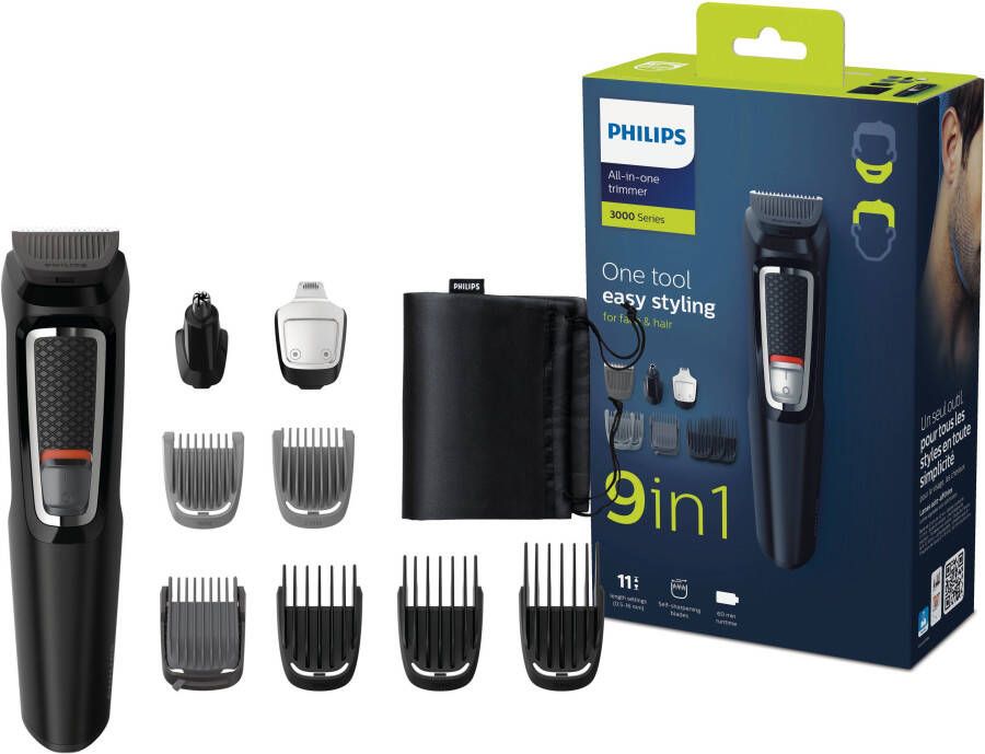 Philips Tondeuse MG3740 15 9-in-1 voor gezicht en haren zelfslijpende edelstalen mesjes nat afneembare opzetstukken