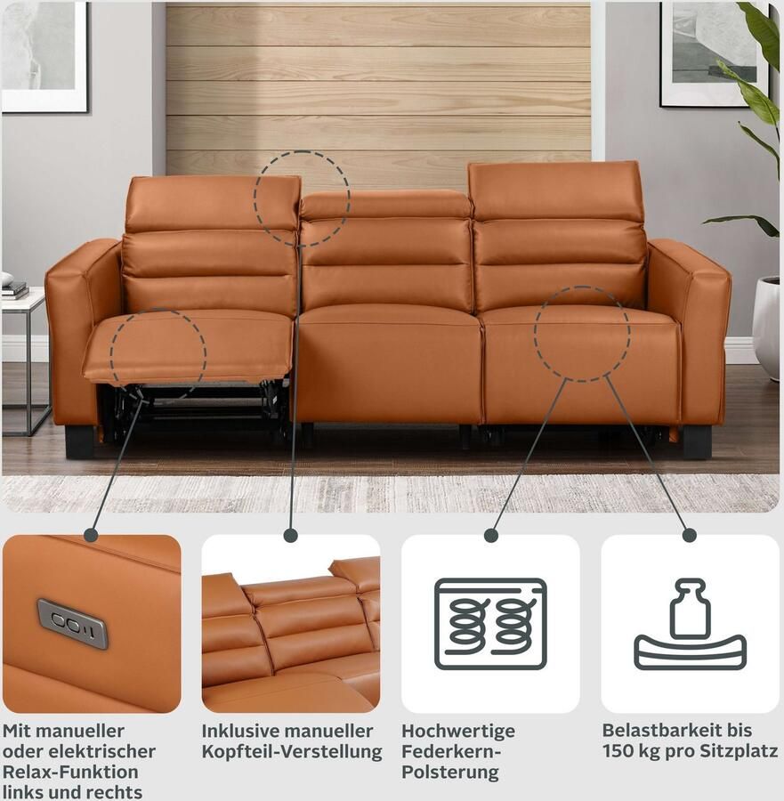 Home affaire 3-zitsbank Carpari 224 cm handmatige of elektrische relaxfunctie in 2 zitplaatsen