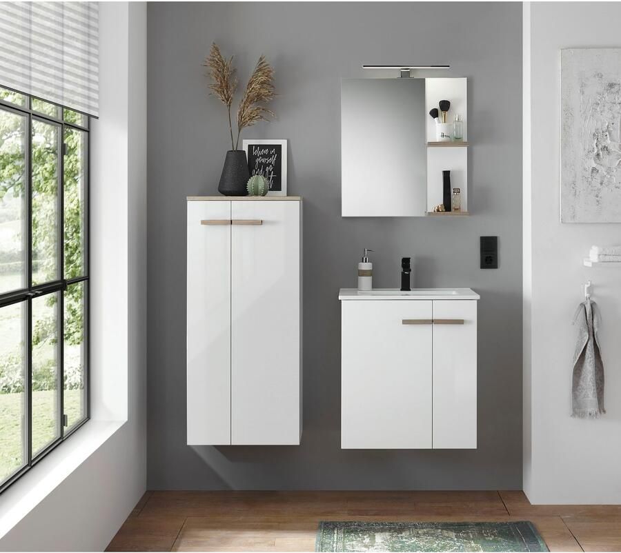 Places of Style Halfhoge kast SOLiD badkamerkast in modern ontwerp kast met houten grepen verkrijgbaar in twee kleuren met opbergruimte staand of hangend te monteren