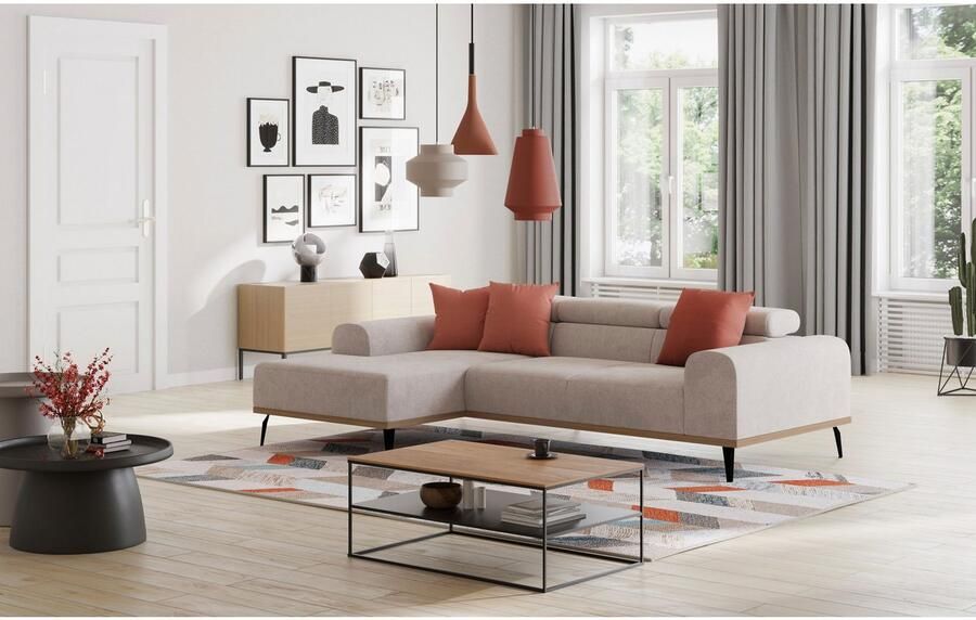 Places of Style Hoekbank Carlo L-vorm met hoofdeinde-verstelling & houten frame-look optionele relaxfunctie