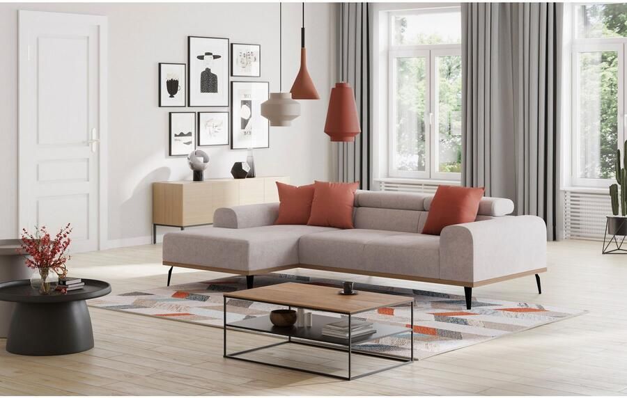 Places of Style Hoekbank Carlo L-vorm met hoofdeinde-verstelling & houten frame-look optionele relaxfunctie