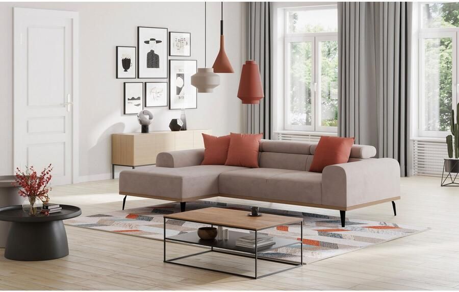 Places of Style Hoekbank Carlo L-vorm met hoofdeinde-verstelling & houten frame-look optionele relaxfunctie