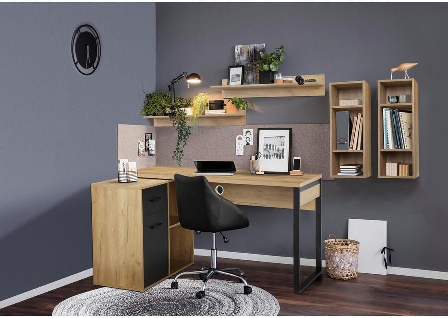 Places of Style Hoekbureau Moid computertafel kabeldoorvoer met planken Lade en deur flexibel plankelement 140x82-115 cm