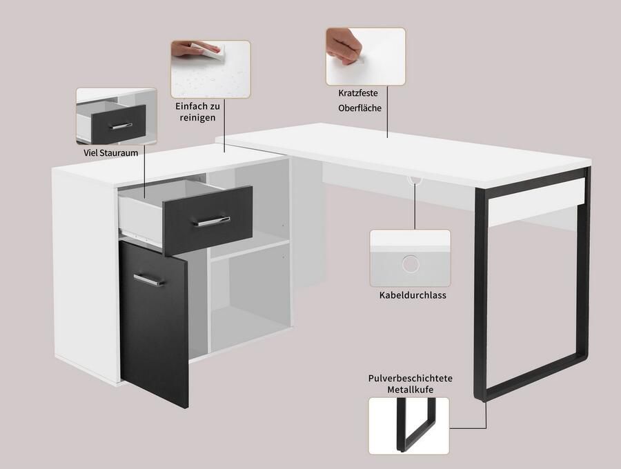 Places of Style Hoekbureau Moid computertafel kabeldoorvoer met planken Lade en deur flexibel plankelement 140x82-115 cm