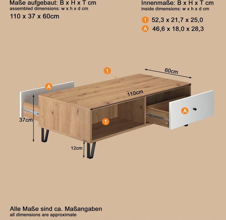 Places of Style Salontafel Tarragona Salontafel met 2 lades 2 vakken & Soft-Close (B D H) 110 60 37 cm