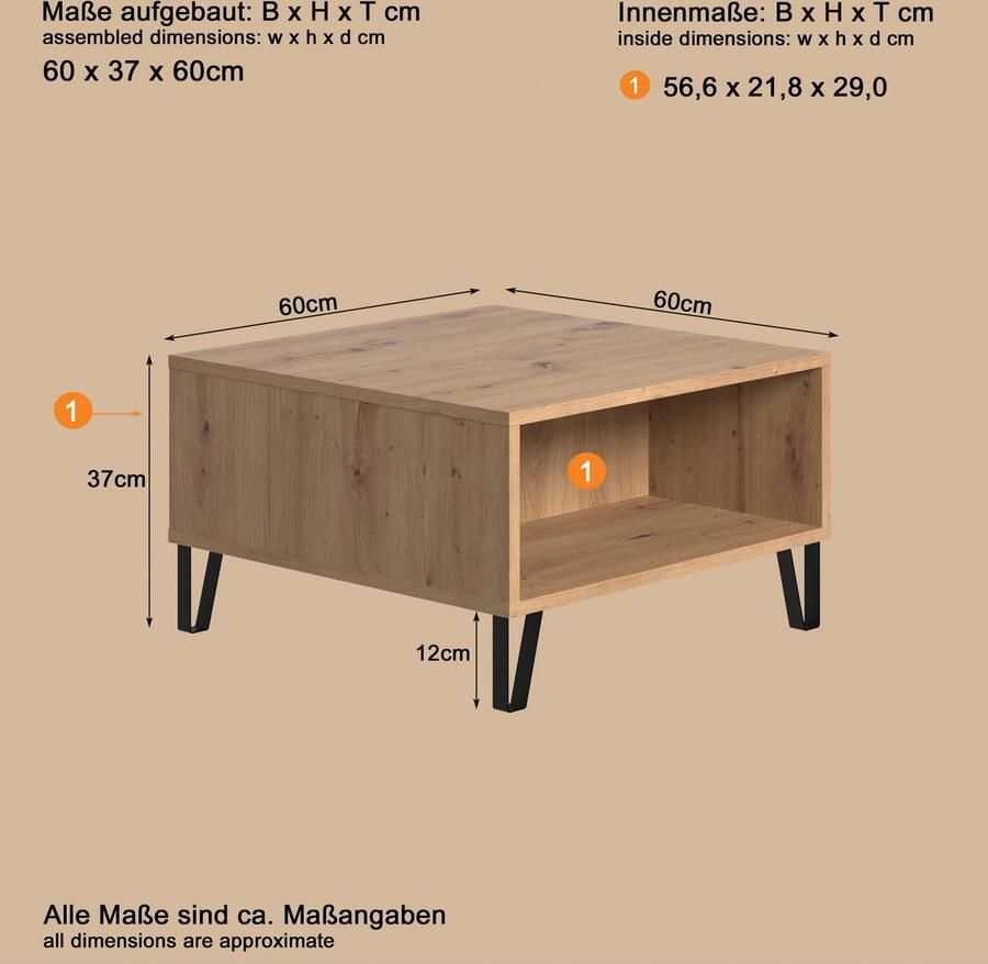 Places of Style Salontafel Tarragona Salontafel met 2 open vakken (B D H) 60 60 37 cm