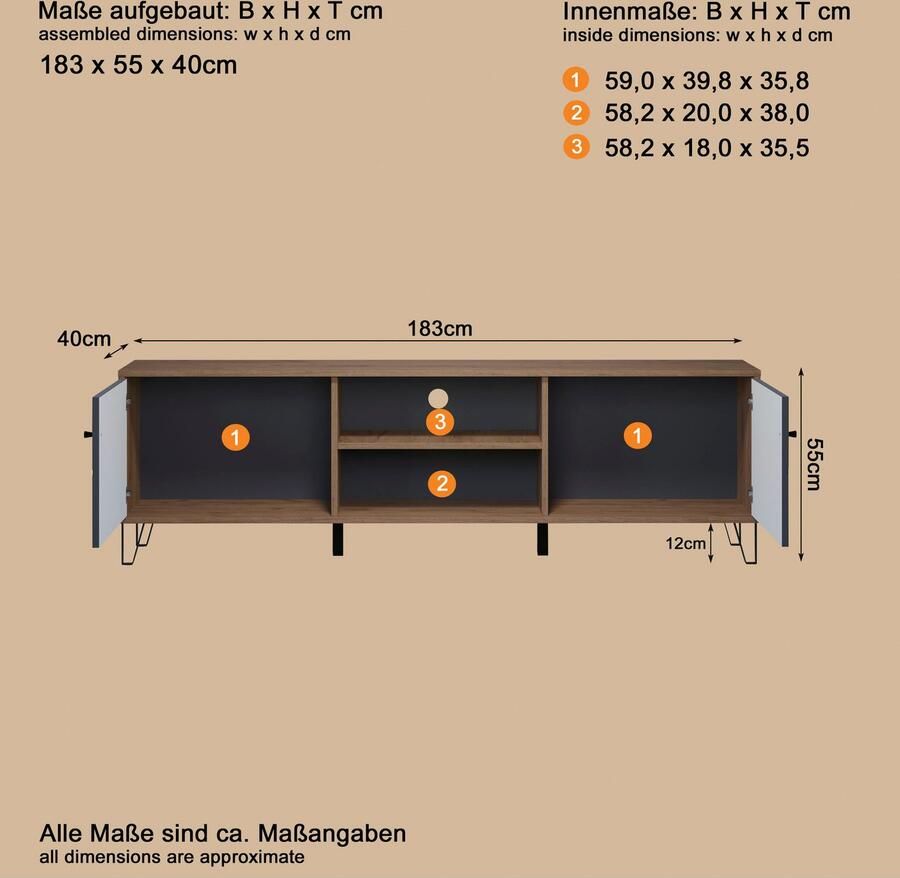 Places of Style Tv-meubel MOLVENO TV-onderdeel met 2 deuren & 2 vakken (B D H) 183 40 56 cm (1 stuk)