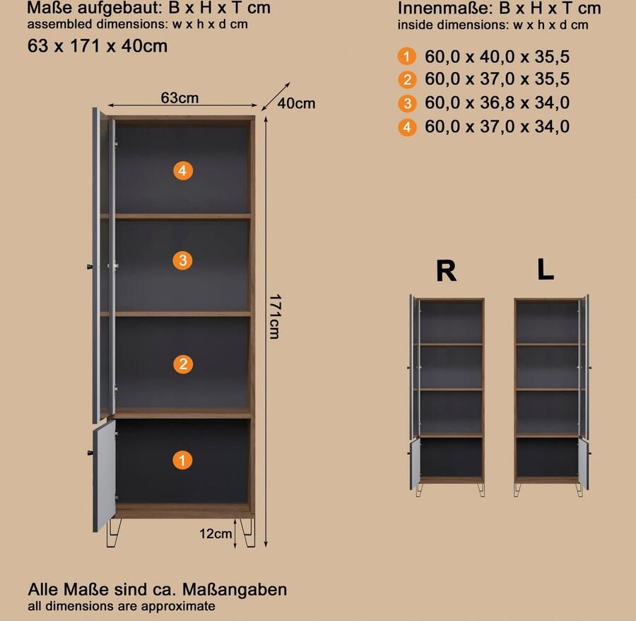 Places of Style Vitrinekast MOLVENO Staande vitrinekast met 2 deuren (B D H) 63 40 172 cm (1 stuk)