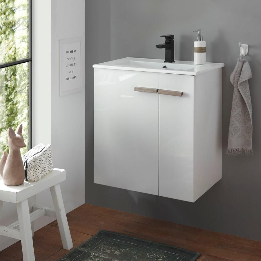 Places of Style Wastafelonderkast SOLiD onderkast incl. wastafel badkamerkast met houten handgrepen