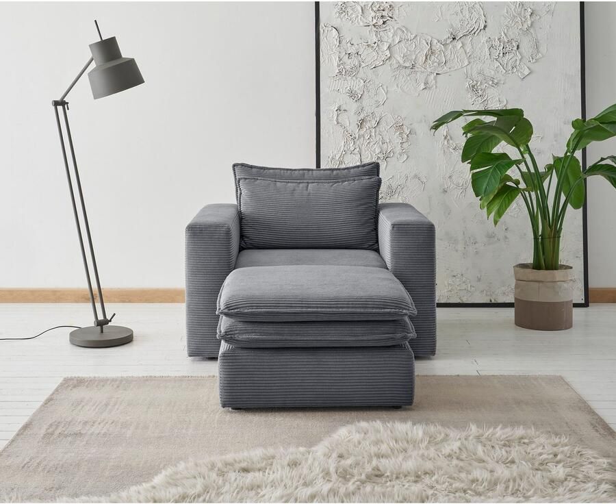 Home affaire Zithoek PIAGGE Hoogwaardige cord fauteuil en hocker klein als set (2-delig)