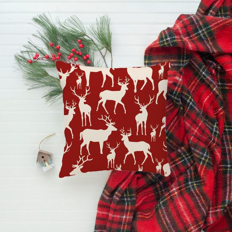 Queence Sierkussen Anthony Kussenhoes herten elanden rood kerst winterachtig kerstmotief (1 stuk)
