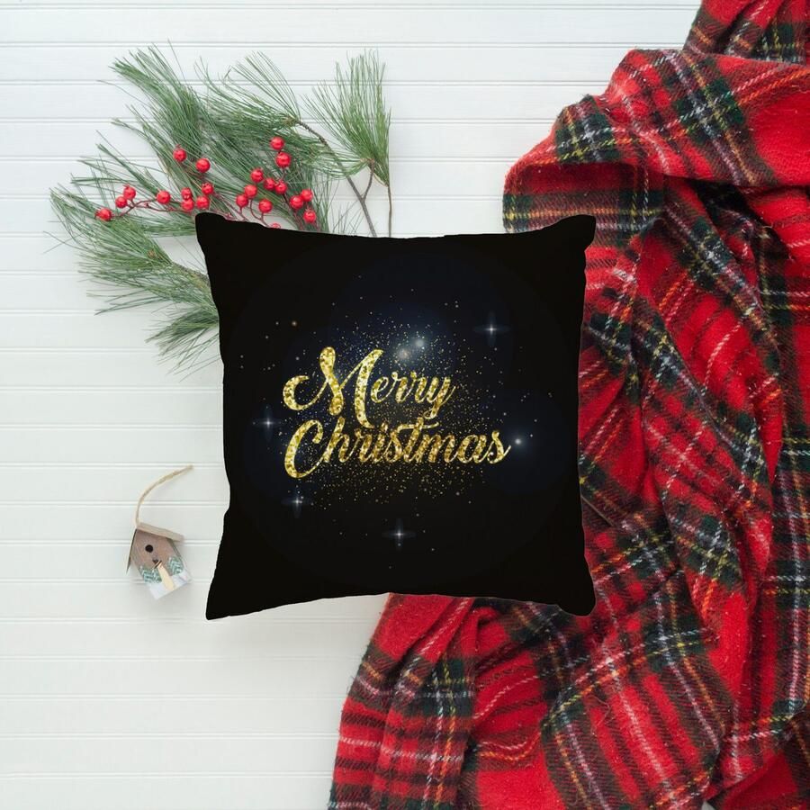 Queence Sierkussen Sterrenhemel Kussenhoes Merry Christmas zwart kerstmotief feestelijk (1 stuk)