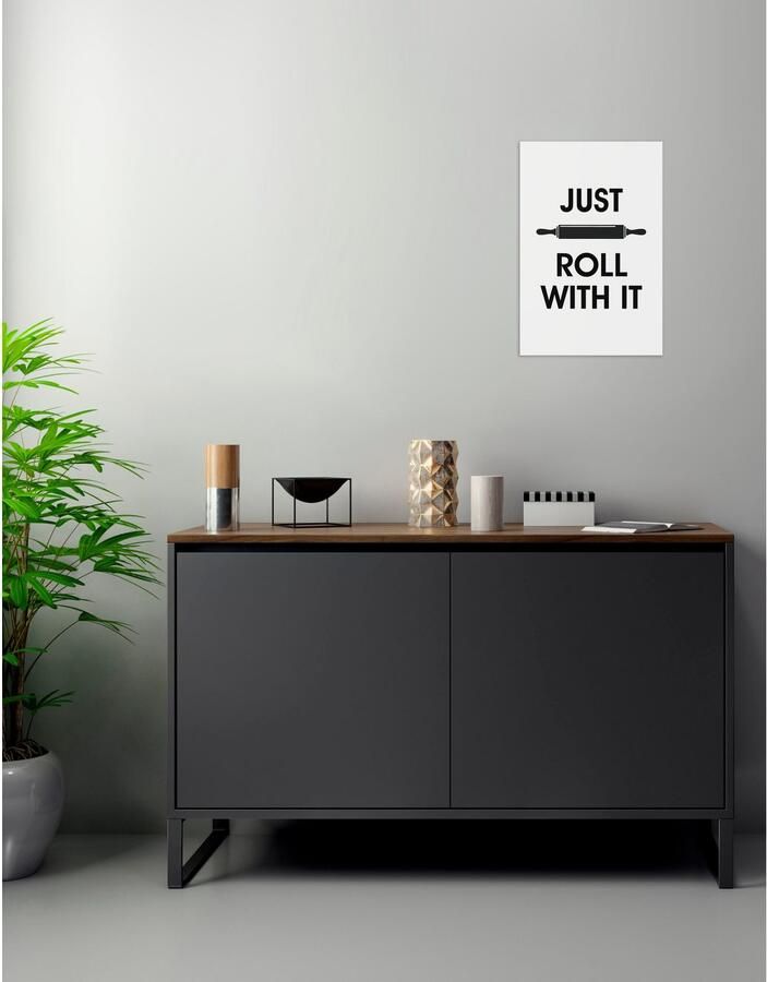 Queence Sierobject voor aan de wand JUST ROLL WITH IT Stalen bord blikken bord spreuk grappig wanddecoratie retro 20x30cm