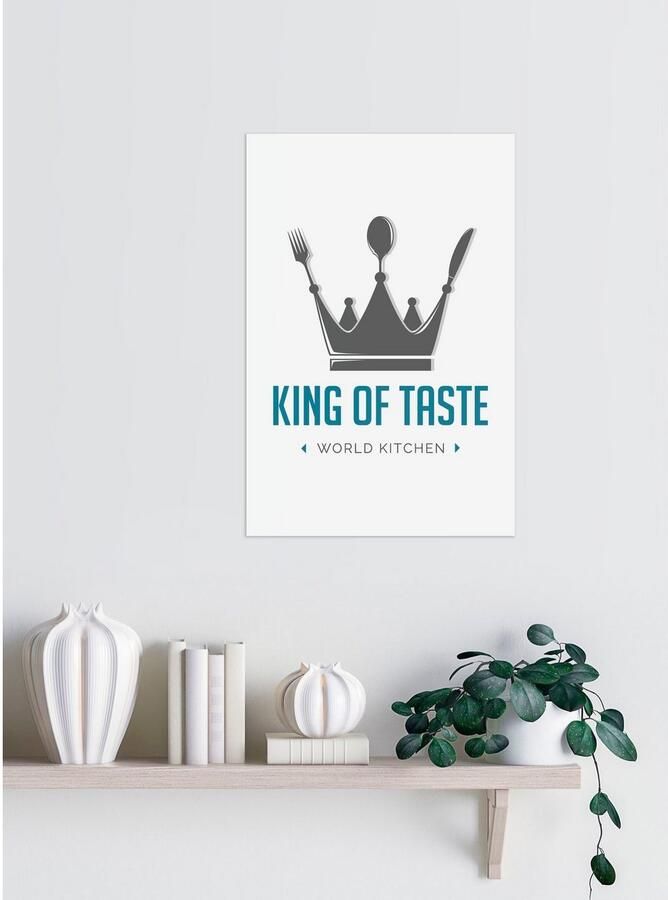 Queence Sierobject voor aan de wand KING OF TASTE Stalen bord blikken bord spreuk grappig wanddecoratie retro 20x30cm