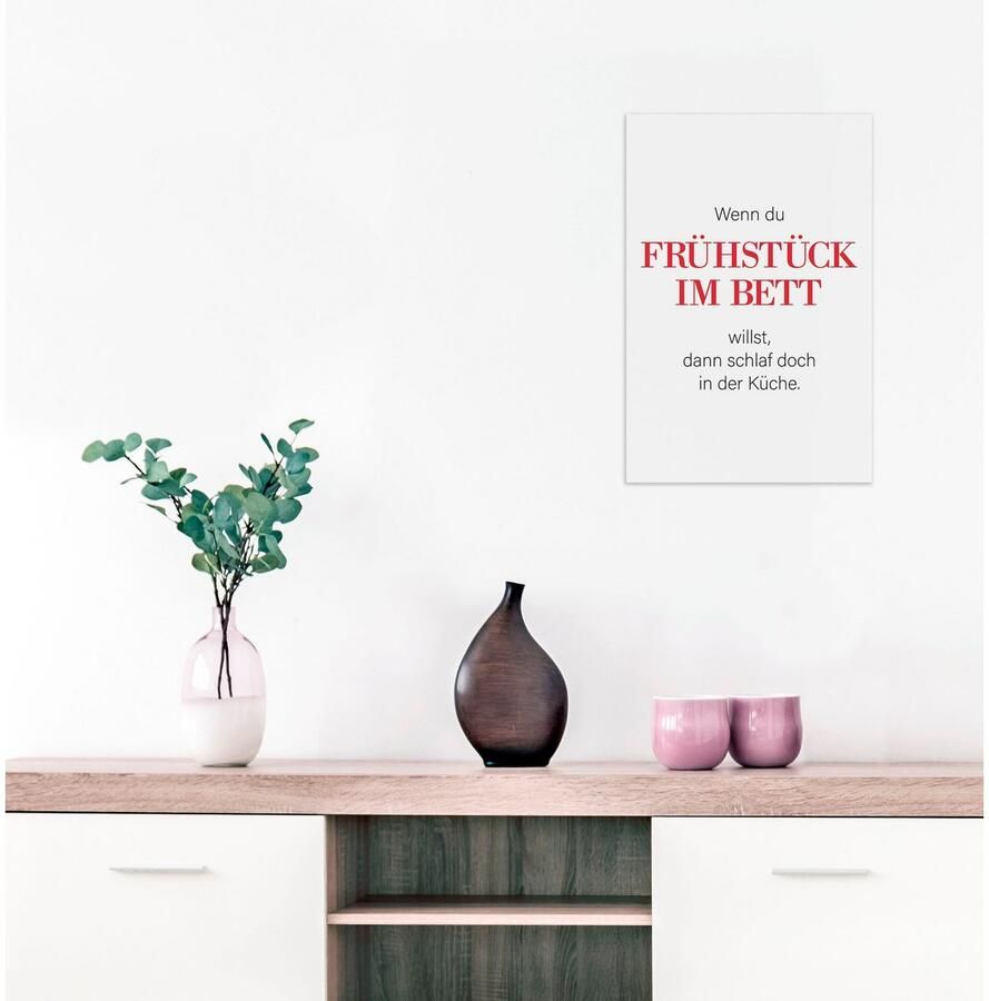 Queence Sierobject voor aan de wand ONTBIJT OP BED Stalen bord blikken bord spreuk grappig wanddecoratie retro 20x30cm