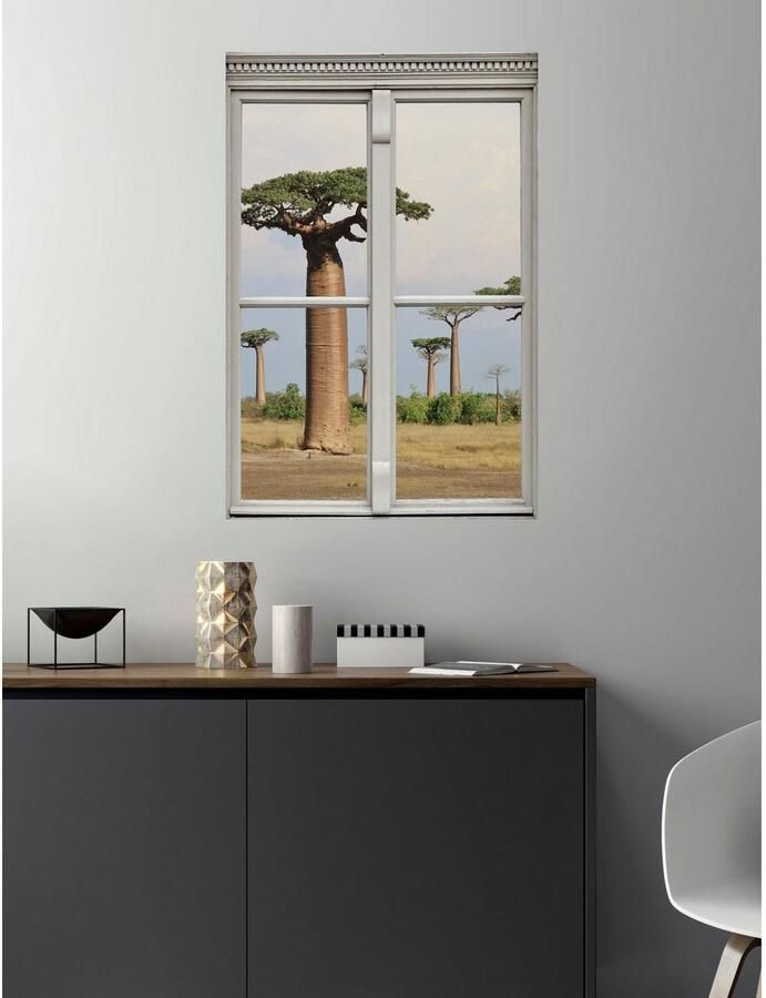 Queence Wandfolie Apenbroodbomen Muursticker muurdecoratie zelfklevend 3D raam