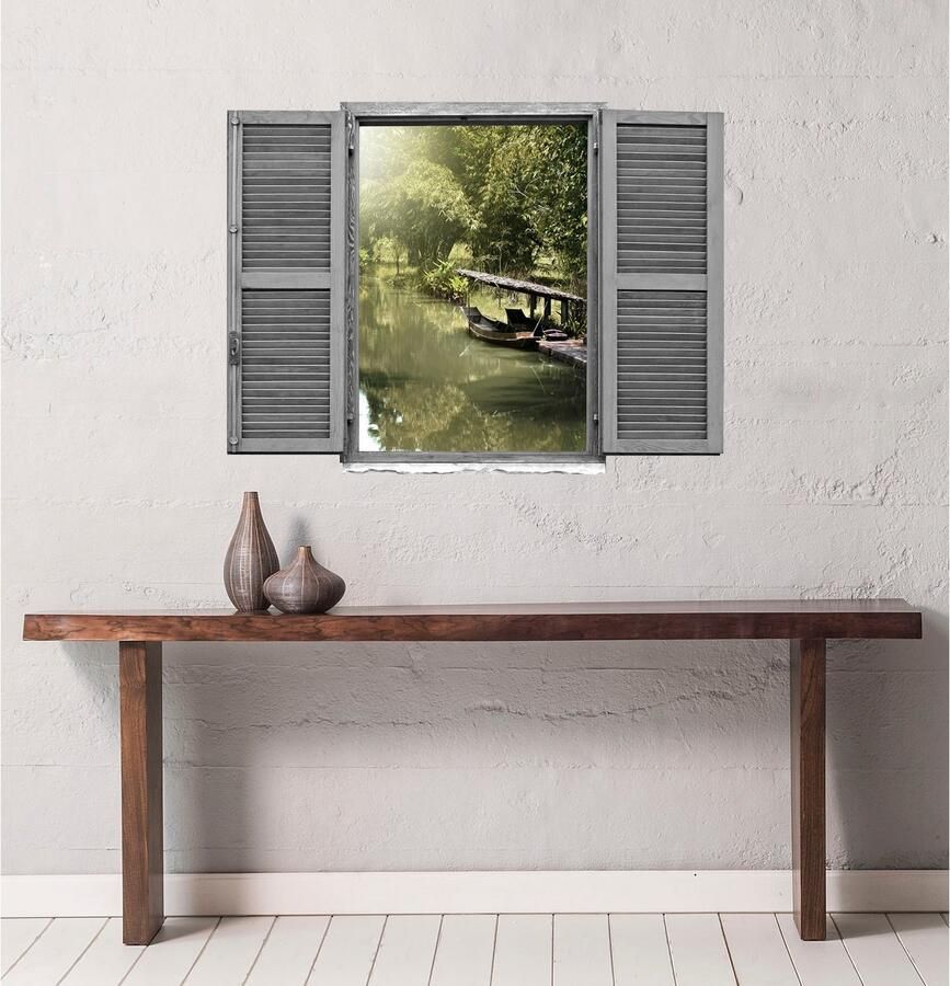 Queence Wandfolie Aziatische jungle mi Muursticker muurdecoratie zelfklevend 3D raam (1 stuk)