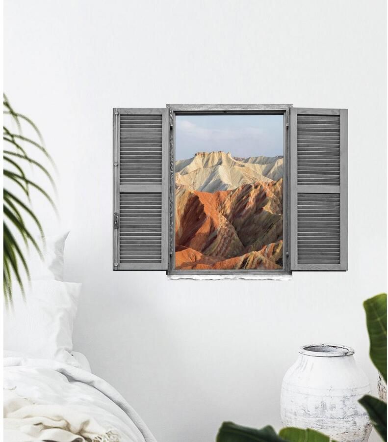 Queence Wandfolie Bergen Muursticker muurdecoratie zelfklevend 3D raam (1 stuk)