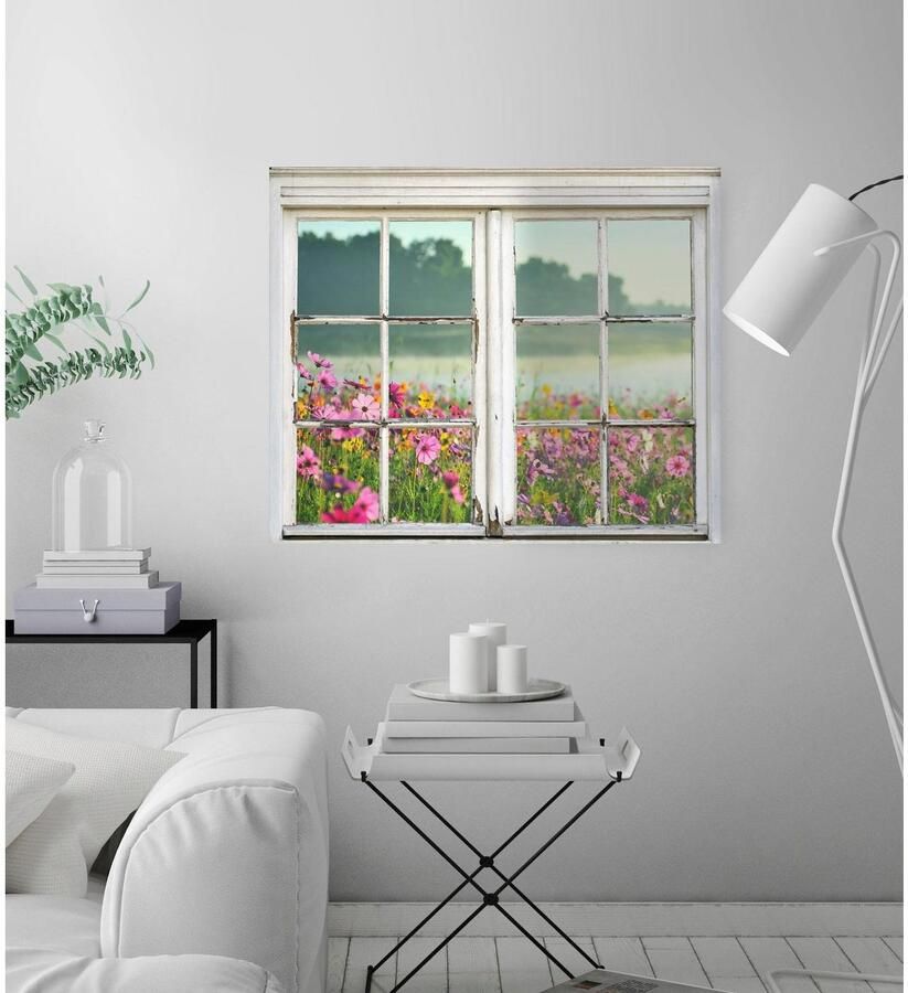 Queence Wandfolie Bloemenweide Muursticker muurdecoratie zelfklevend 3D raam