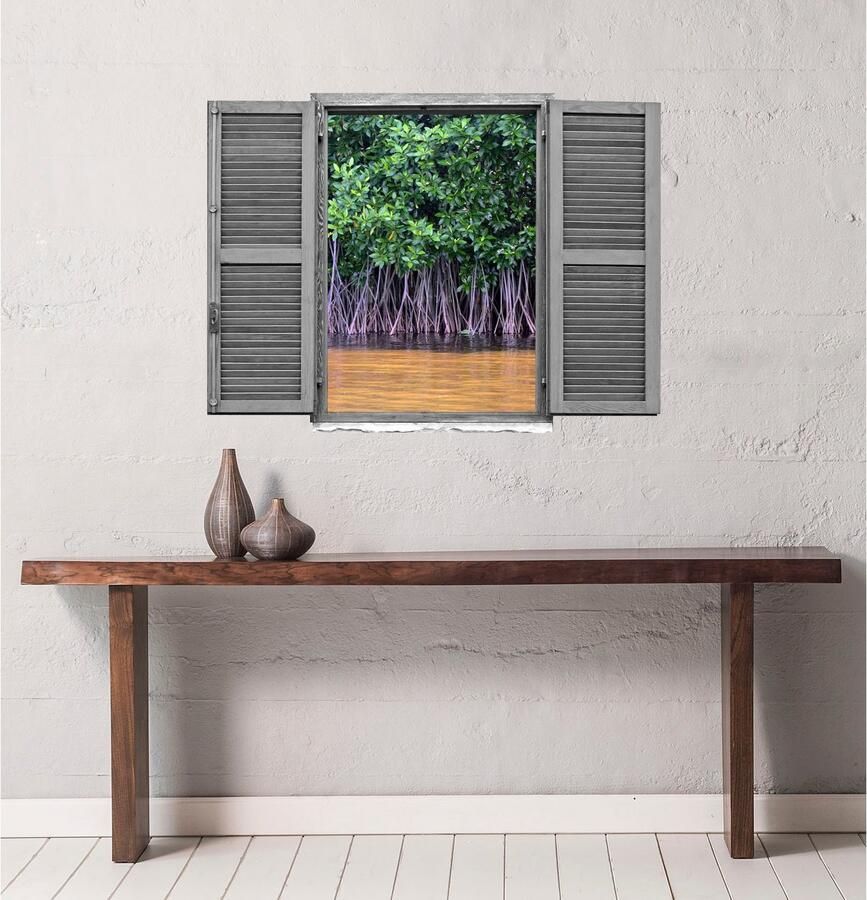 Queence Wandfolie Bomen in het meer Muursticker muurdecoratie zelfklevend 3D raam (1 stuk)