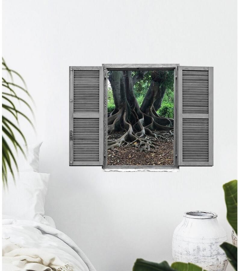 Queence Wandfolie Boomwortels Muursticker muurdecoratie zelfklevend 3D raam (1 stuk)