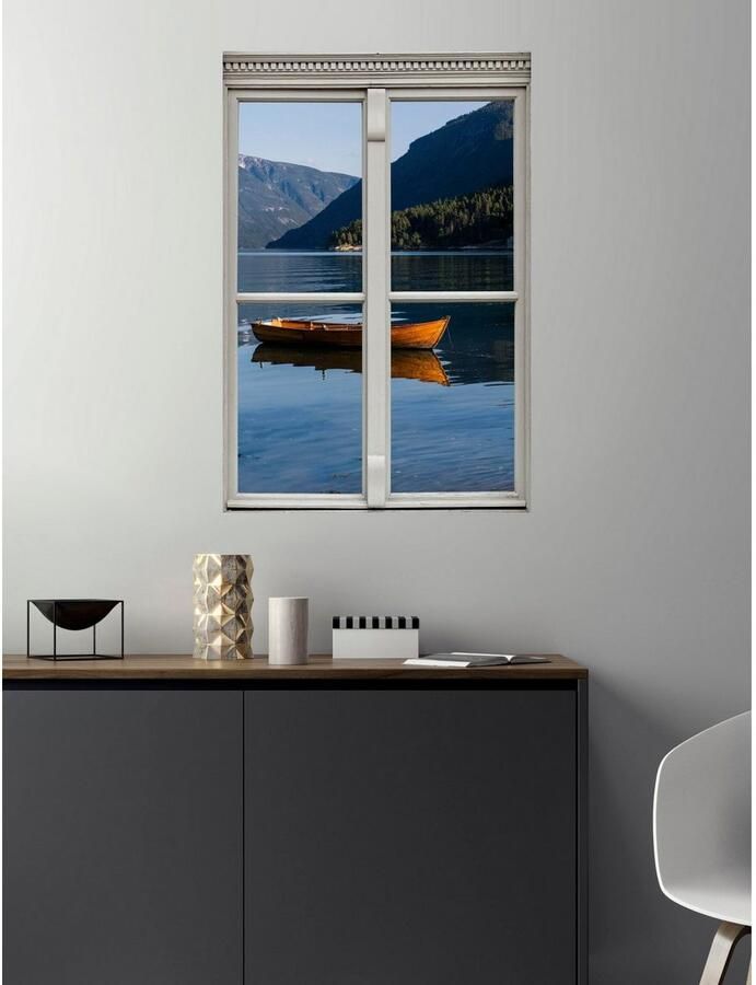 Queence Wandfolie Boot op zee Muursticker muurdecoratie zelfklevend 3D raam