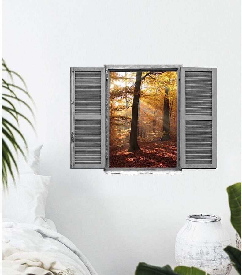 Queence Wandfolie Bos in de herfst Muursticker muurdecoratie zelfklevend 3D raam (1 stuk)