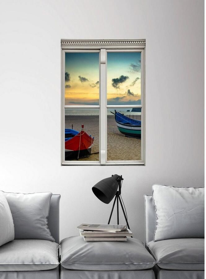 Queence Wandfolie Boten aan het strand Muursticker muurdecoratie zelfklevend 3D raam