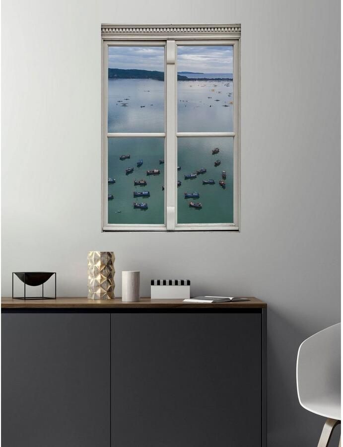 Queence Wandfolie Boten op zee Muursticker muurdecoratie zelfklevend 3D raam