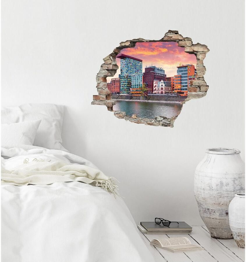 Queence Wandfolie Düsseldorf Muursticker muurdecoratie zelfklevend 3D muurdurchbraak (1 stuk)