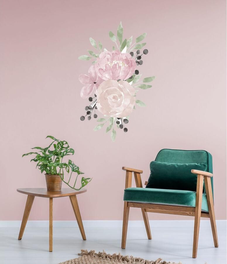 Queence Wandfolie Ella Muurdecoratie sticker roze bloem bloei zelfklevend pastelkleuren (1 stuk)