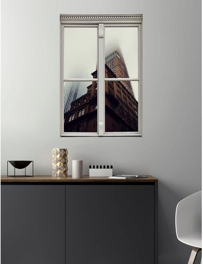Queence Wandfolie Flatgebouw Muursticker muurdecoratie zelfklevend 3D raam