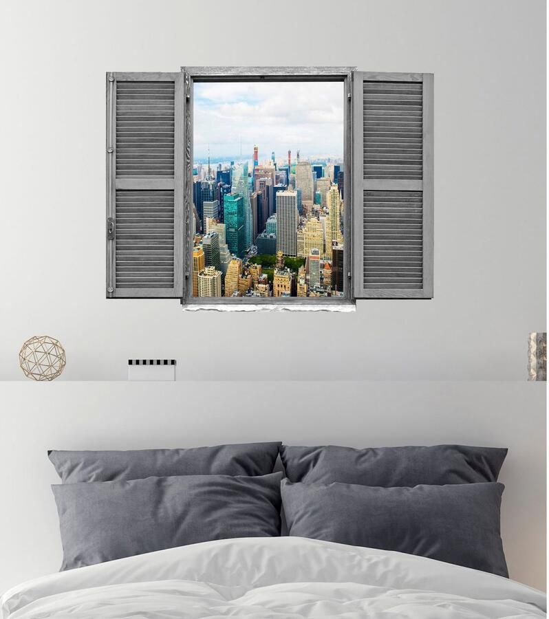 Queence Wandfolie Grote stad Muursticker muurdecoratie zelfklevend 3D raam (1 stuk)