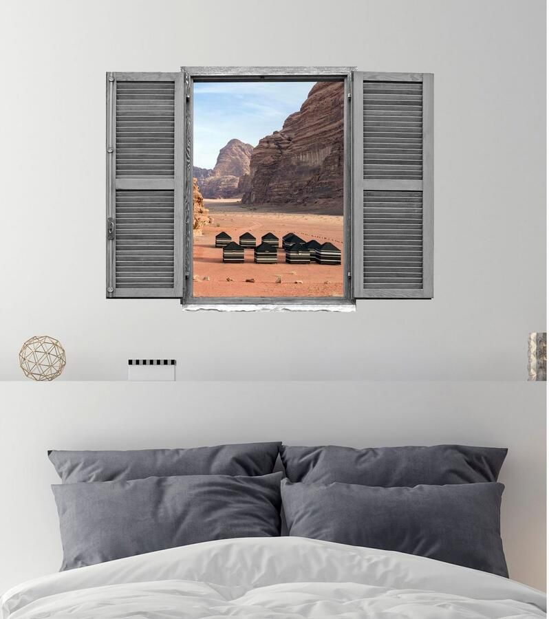 Queence Wandfolie Hut in het woestijngebergte Muursticker muurdecoratie zelfklevend 3D raam (1 stuk)