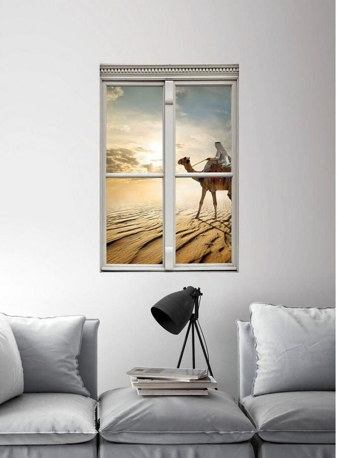 Queence Wandfolie Kameel in de woestijn Muursticker muurdecoratie zelfklevend 3D raam