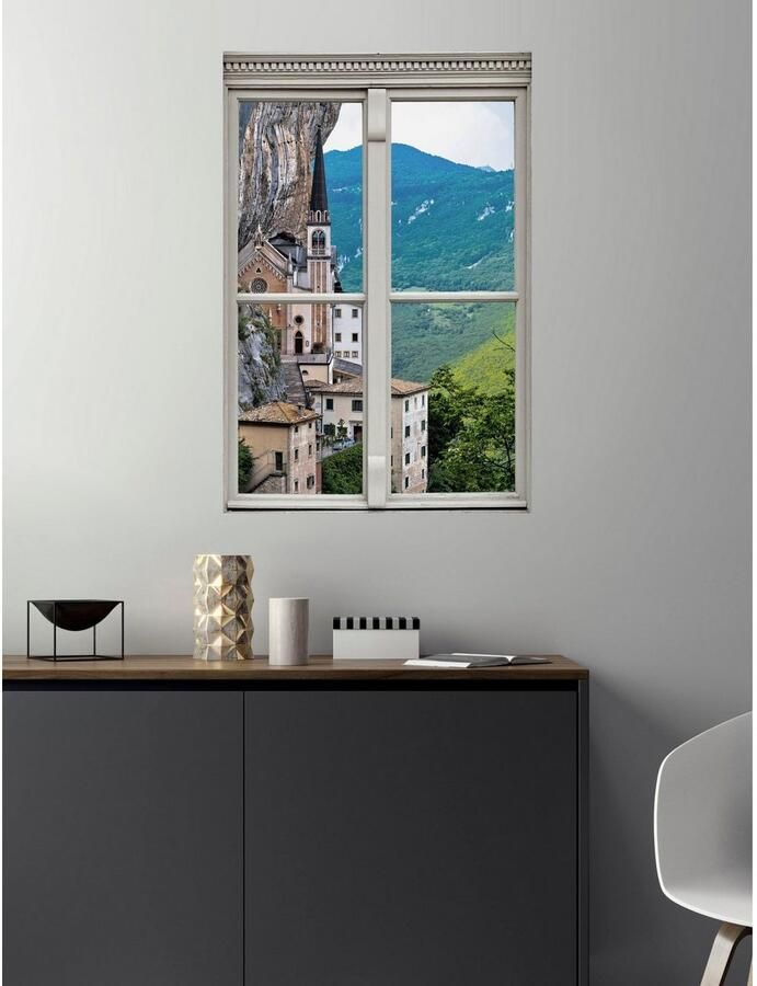 Queence Wandfolie Kerk Muursticker muurdecoratie zelfklevend 3D raam