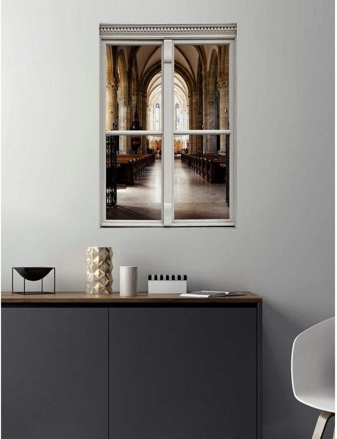 Queence Wandfolie Kerk Muursticker muurdecoratie zelfklevend 3D raam