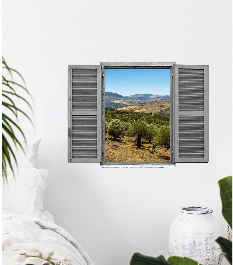 Queence Wandfolie Landschap van olijfboomgaarden Muursticker muurdecoratie zelfklevend 3D raam (1 stuk)
