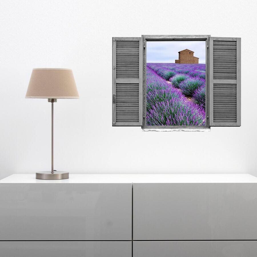 Queence Wandfolie Lavendelveld Muursticker muurdecoratie zelfklevend 3D raam (1 stuk)