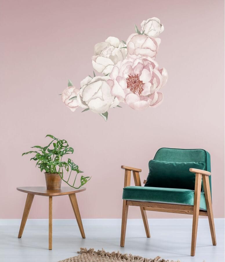 Queence Wandfolie Leah Muurdecoratie sticker roze bloem bloei zelfklevend pastelkleuren (1 stuk)