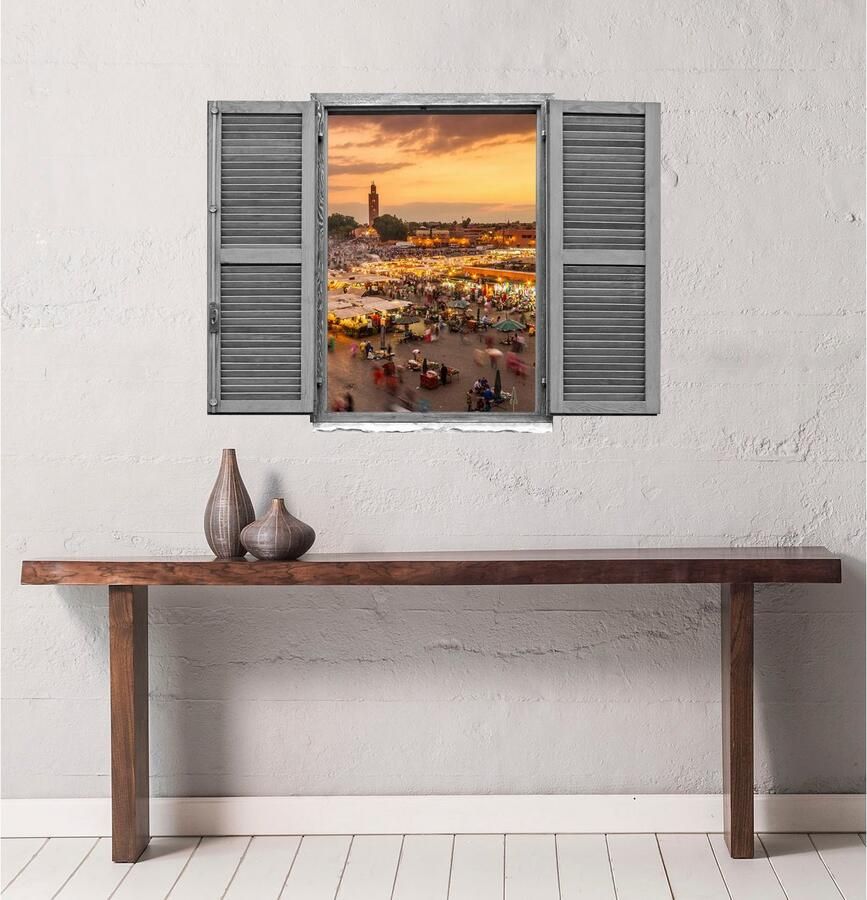 Queence Wandfolie Marktplein Muursticker muurdecoratie zelfklevend 3D raam (1 stuk)